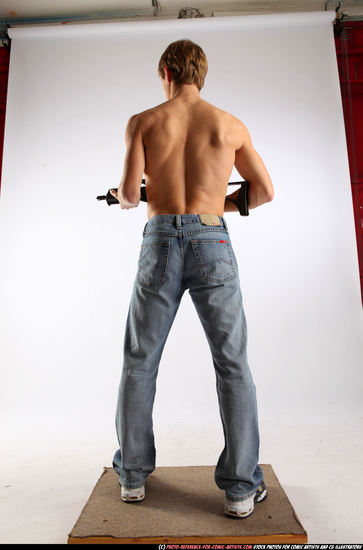 Man Young Athletic White Fighting with submachine gun Standing poses Pants