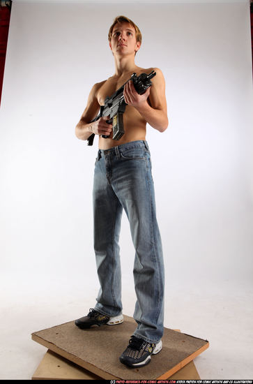 Man Young Athletic White Fighting with submachine gun Standing poses Pants