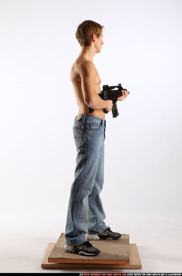 Man Young Athletic White Fighting with submachine gun Standing poses Pants