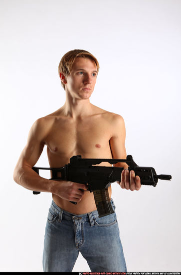 Man Young Athletic White Fighting with submachine gun Standing poses Pants