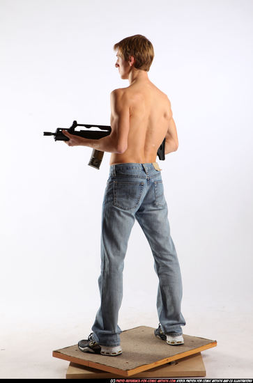 Man Young Athletic White Fighting with submachine gun Standing poses Pants