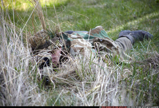 Man Adult Average White Fighting with rifle Laying poses Army