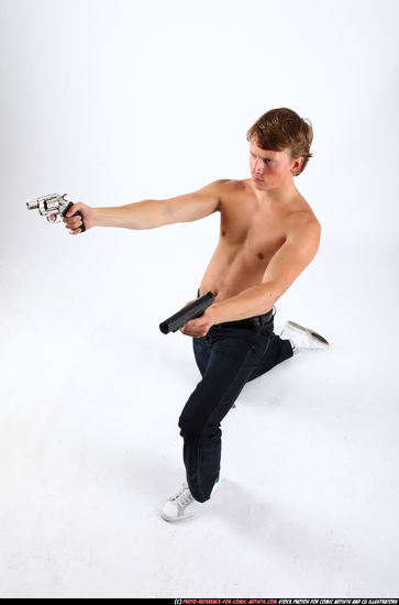 Man Young Athletic White Fighting with gun Kneeling poses Pants