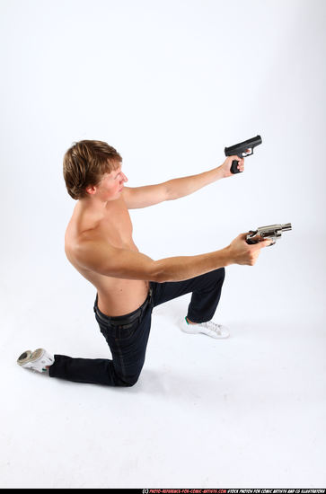 Man Young Athletic White Fighting with gun Kneeling poses Pants