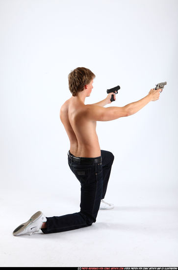 Man Young Athletic White Fighting with gun Kneeling poses Pants