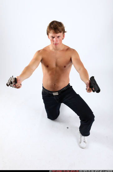 Man Young Athletic White Fighting with gun Kneeling poses Pants