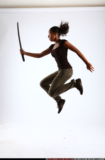 Woman Young Athletic Black Fighting with sword Moving poses Casual