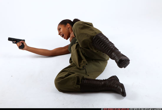 Woman Young Athletic Black Fighting with gun Laying poses Army