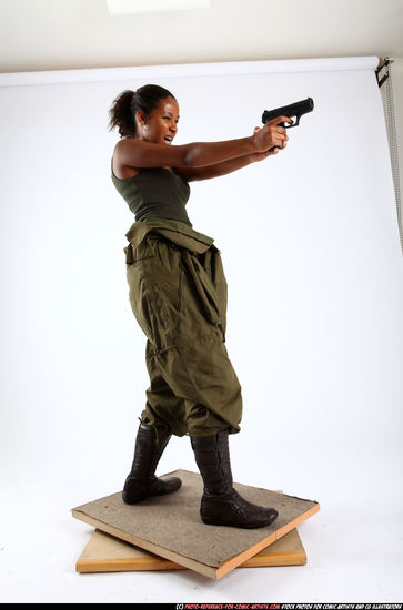 Woman Young Athletic Black Fighting with gun Standing poses Army