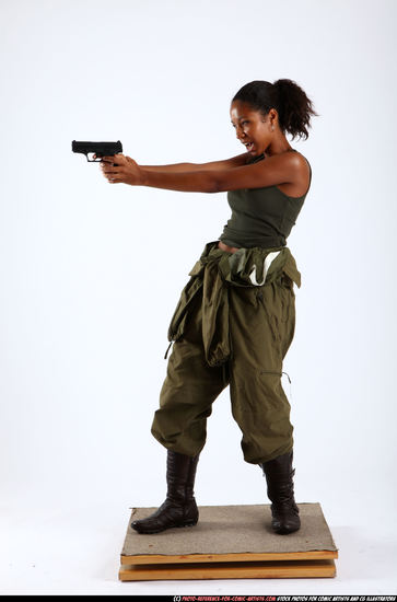 Woman Young Athletic Black Fighting with gun Standing poses Army