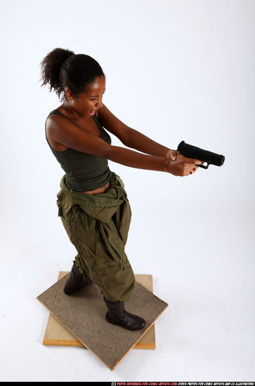 Woman Young Athletic Black Fighting with gun Standing poses Army