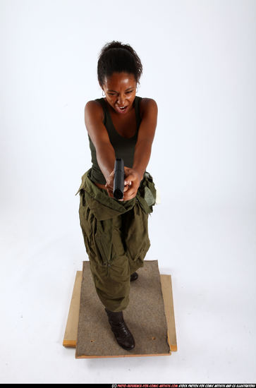 Woman Young Athletic Black Fighting with gun Standing poses Army