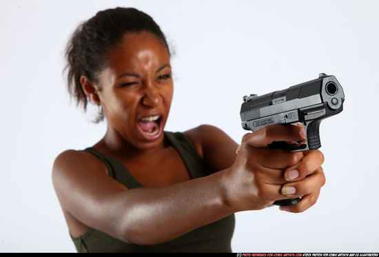 Woman Young Athletic Black Fighting with gun Standing poses Army