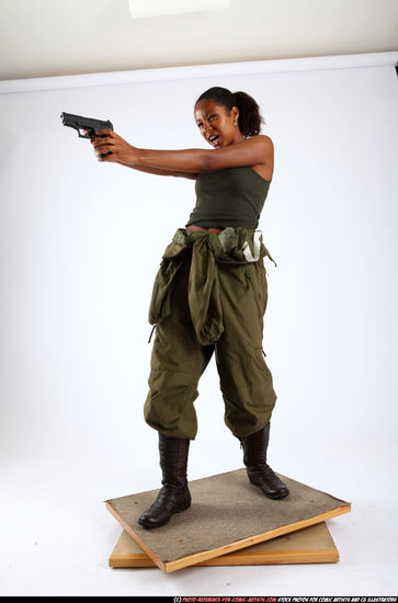 Woman Young Athletic Black Fighting with gun Standing poses Army