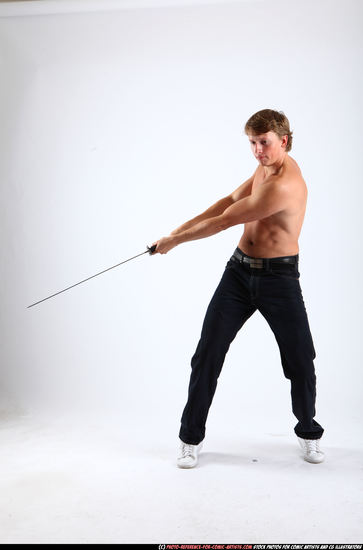 Man Young Athletic White Fighting with sword Standing poses Pants