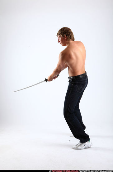 Man Young Athletic White Fighting with sword Standing poses Pants