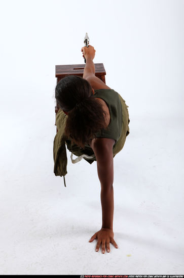 Woman Young Athletic Black Fighting with gun Moving poses Army