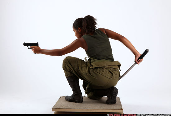 Woman Young Athletic Black Fighting with gun Kneeling poses Army