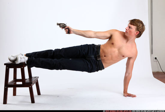 Man Young Athletic White Fighting with gun Moving poses Pants