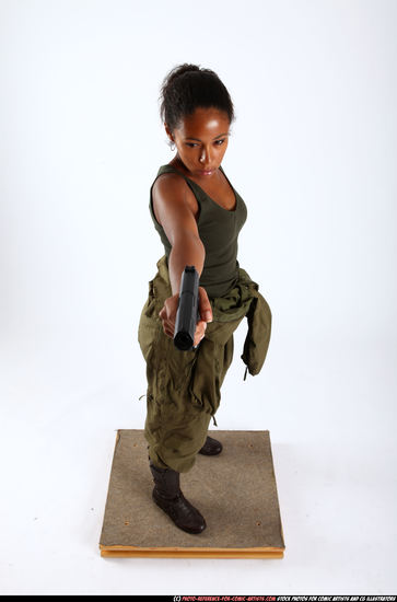 Woman Young Athletic Black Fighting with gun Standing poses Army