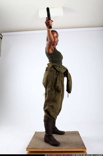 Woman Young Athletic Black Fighting with gun Standing poses Army