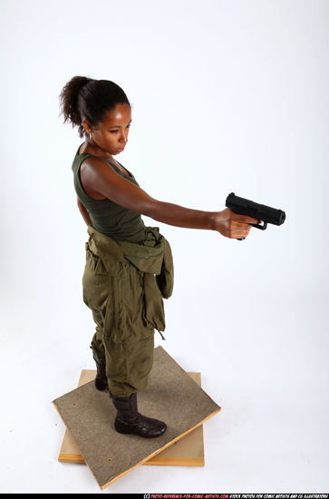 Woman Young Athletic Black Fighting with gun Standing poses Army