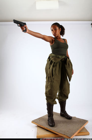 Woman Young Athletic Black Fighting with gun Standing poses Army