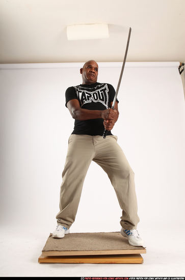 Man Old Chubby Black Fighting with sword Standing poses Casual