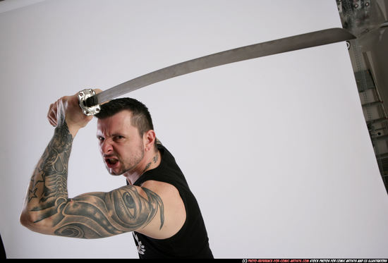 Man Adult Athletic White Fighting with sword Standing poses Casual