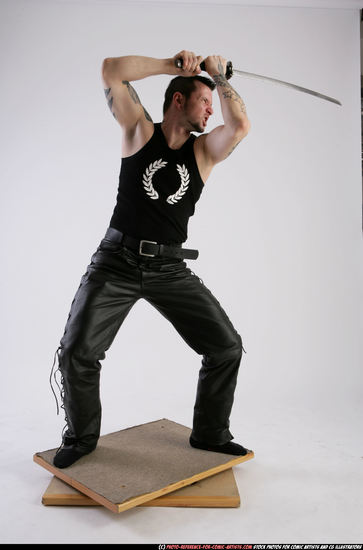 Man Adult Athletic White Fighting with sword Standing poses Casual