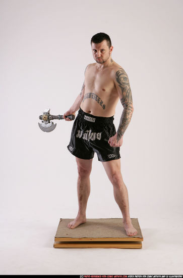 Man Adult Athletic White Fighting with sword Standing poses Sportswear