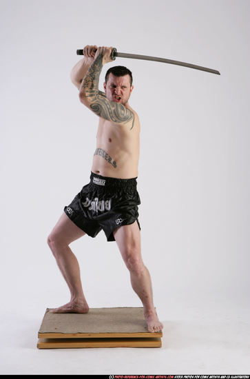 Man Adult Athletic White Fighting with sword Standing poses Sportswear
