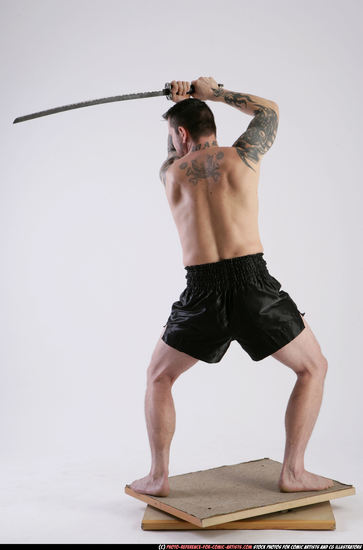 Man Adult Athletic White Fighting with sword Standing poses Sportswear