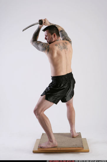 Man Adult Athletic White Fighting with sword Standing poses Sportswear