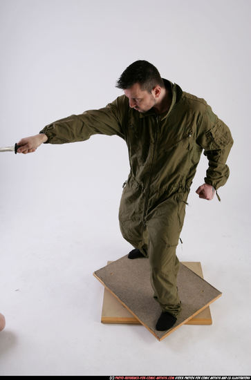 Man Adult Athletic White Fighting with knife Standing poses Army