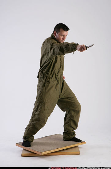 Man Adult Athletic White Fighting with knife Standing poses Army