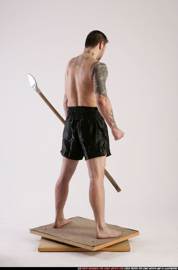 Man Adult Athletic White Fighting with spear Standing poses Underwear