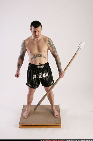 Man Adult Athletic White Fighting with spear Standing poses Underwear