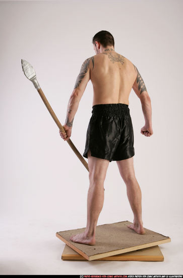 Man Adult Athletic White Fighting with spear Standing poses Underwear