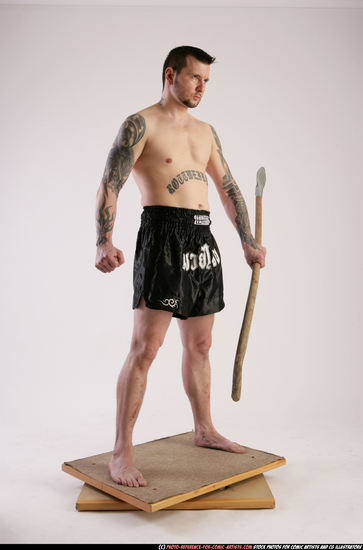 Man Adult Athletic White Fighting with spear Standing poses Underwear