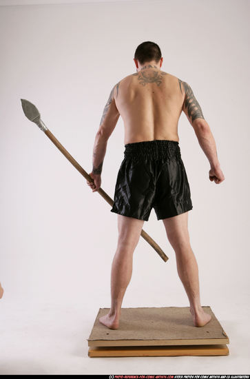 Man Adult Athletic White Fighting with spear Standing poses Underwear