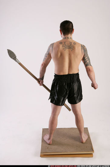 Man Adult Athletic White Fighting with spear Standing poses Underwear