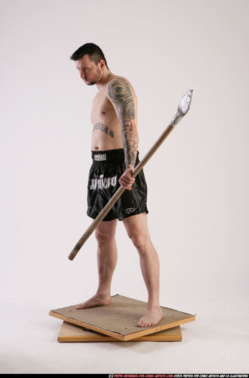 Man Adult Athletic White Fighting with spear Standing poses Underwear