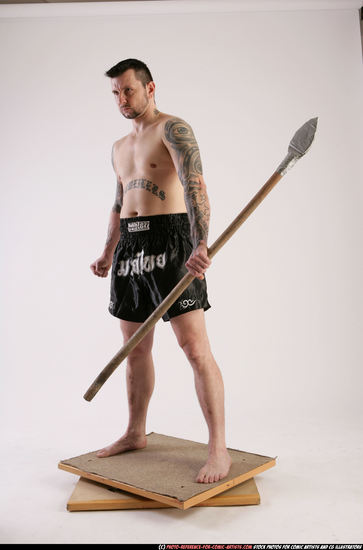 Man Adult Athletic White Fighting with spear Standing poses Underwear