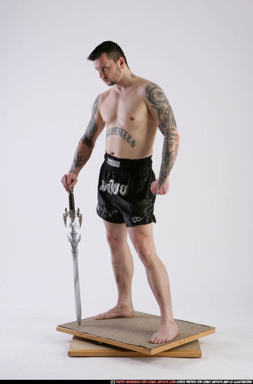 Man Adult Athletic White Fighting with sword Standing poses Underwear