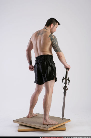 Man Adult Athletic White Fighting with sword Standing poses Underwear