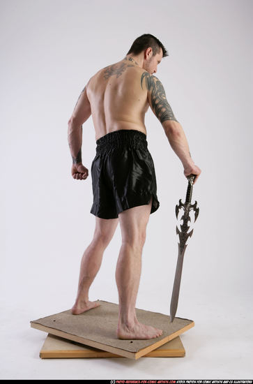 Man Adult Athletic White Fighting with sword Standing poses Underwear