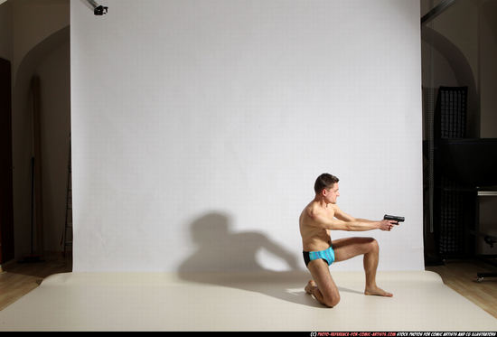 Man Adult Athletic White Fighting with gun Moving poses Underwear