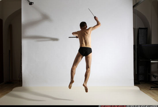 Man Adult Athletic White Fighting with sword Moving poses Underwear