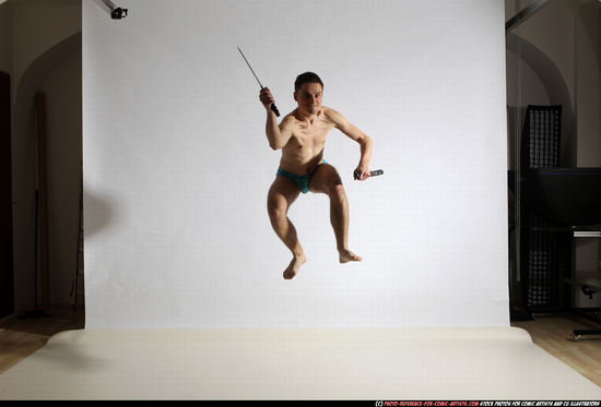 Man Adult Athletic White Fighting with sword Moving poses Underwear